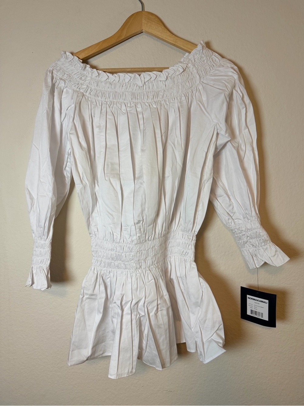 NWT Norma Kamali Peasant Dress White XS Off Shoulder Smocked Cotton Mini - Picture 7 of 9